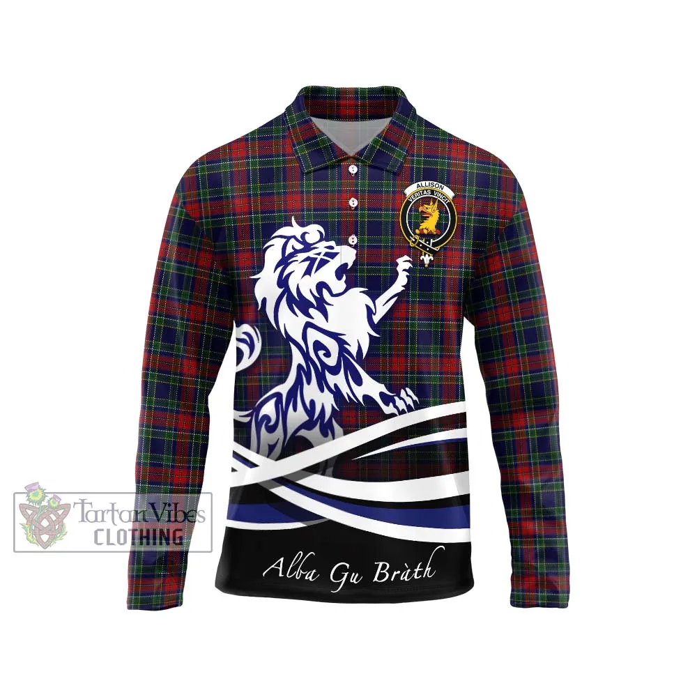 Allison Red Tartan Long Sleeve Polo Shirt with Alba Gu Brath Regal Lion Emblem