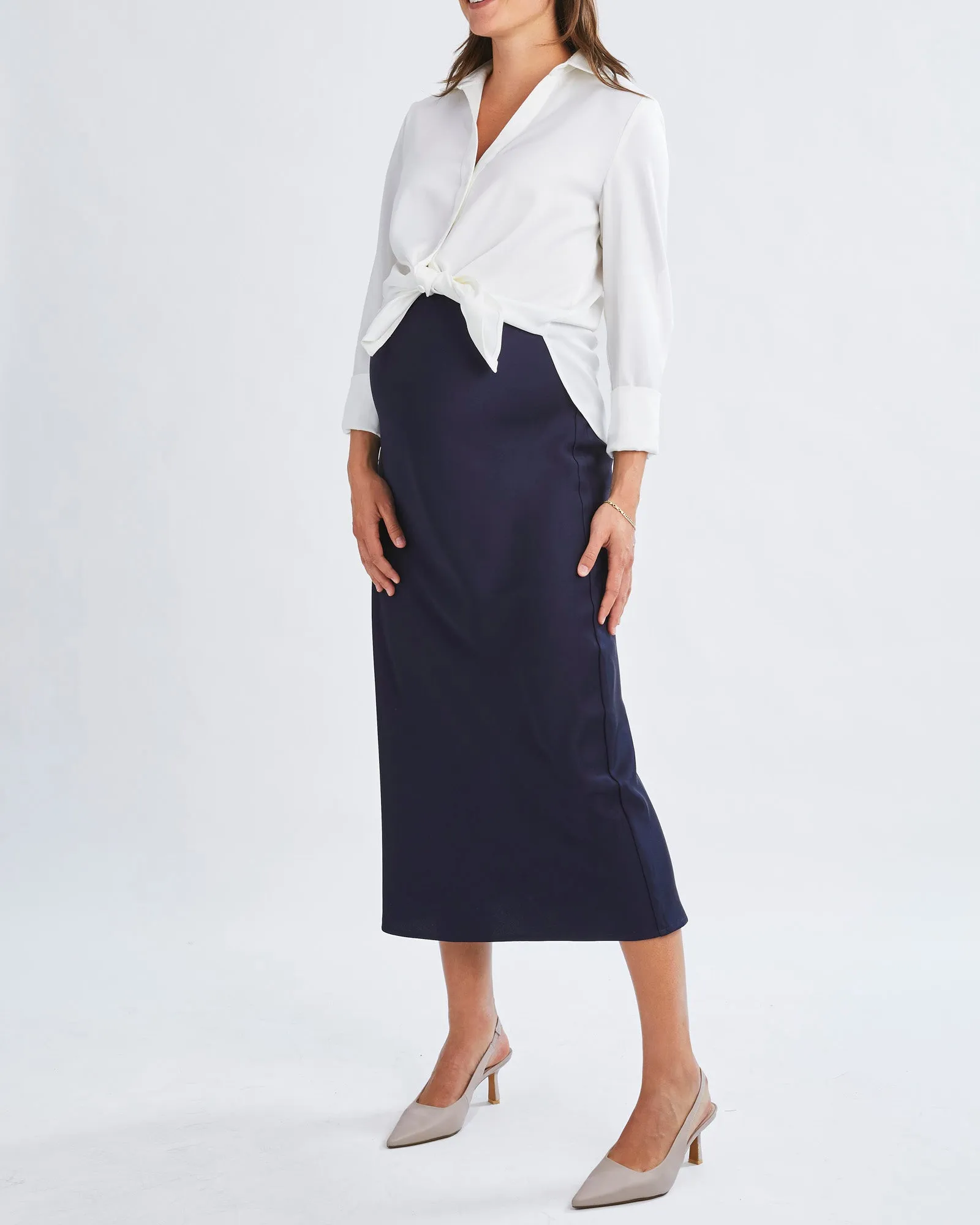 Amelie Elegant Satin-Finish White Maternity Work Shirt