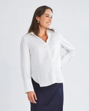 Amelie Elegant Satin-Finish White Maternity Work Shirt