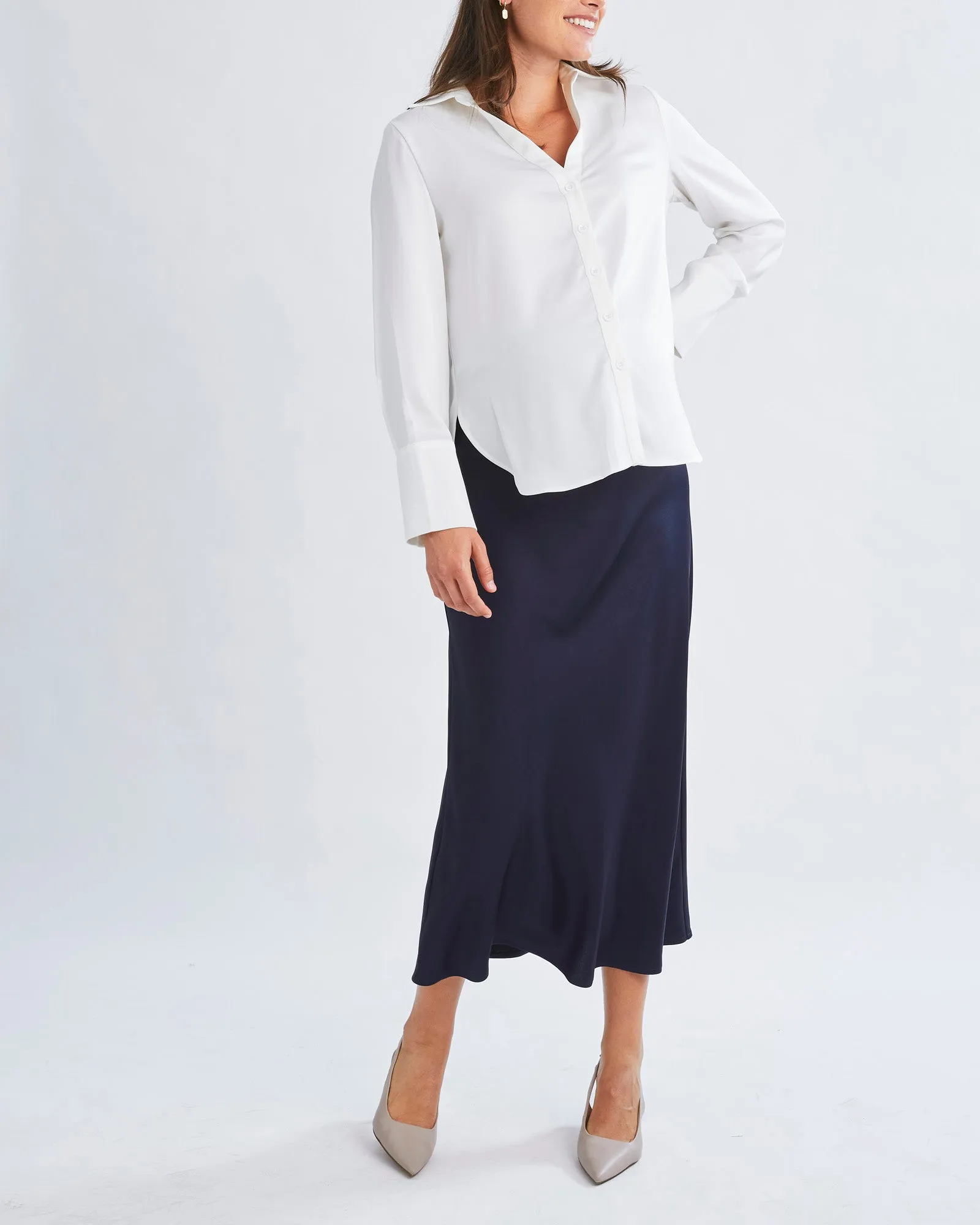 Amelie Elegant Satin-Finish White Maternity Work Shirt