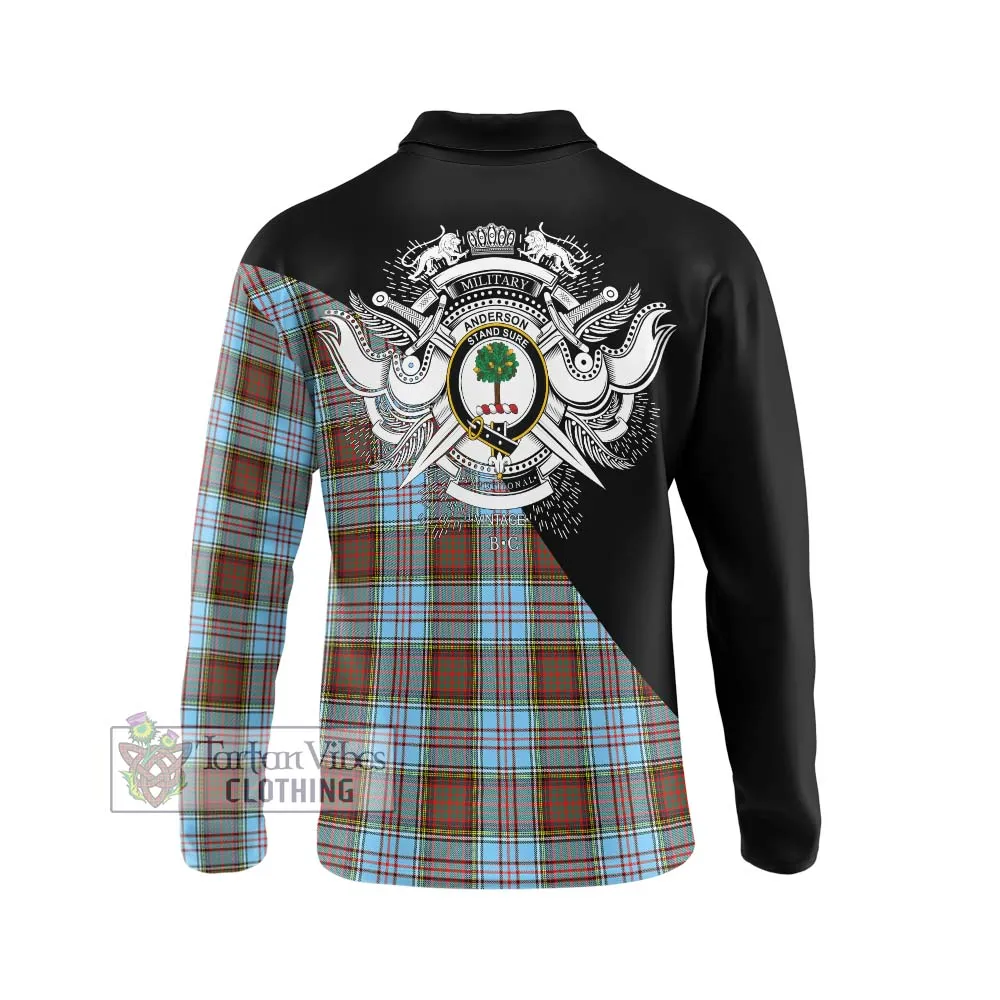 Anderson Ancient Tartan Long Sleeve Polo Shirt with Family Crest and Military Logo Style