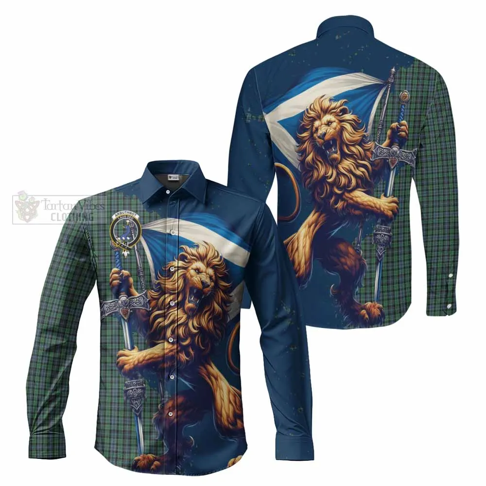 Arbuthnot Tartan Family Crest Long Sleeve Button Shirt with Scottish Majestic Lion