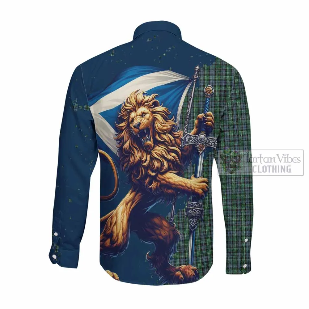 Arbuthnot Tartan Family Crest Long Sleeve Button Shirt with Scottish Majestic Lion