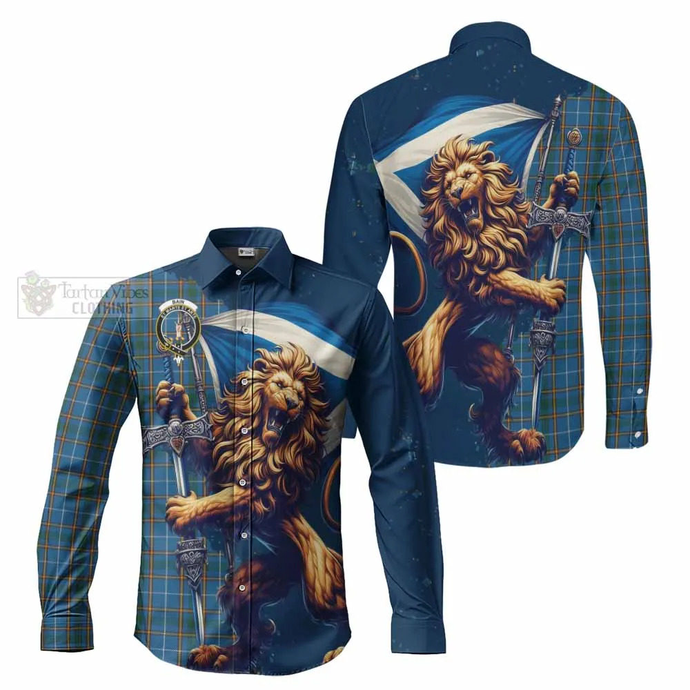 Bain Tartan Family Crest Long Sleeve Button Shirt with Scottish Majestic Lion