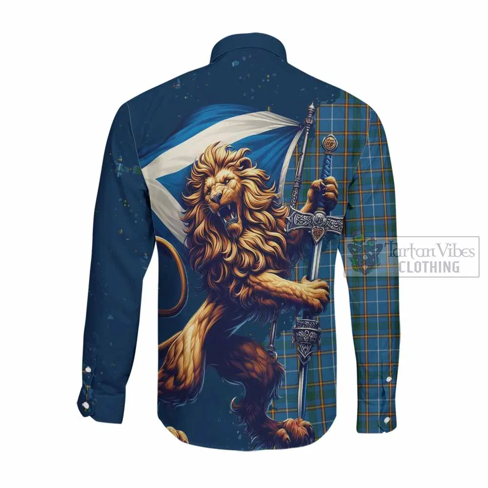 Bain Tartan Family Crest Long Sleeve Button Shirt with Scottish Majestic Lion