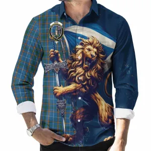 Bain Tartan Family Crest Long Sleeve Button Shirt with Scottish Majestic Lion