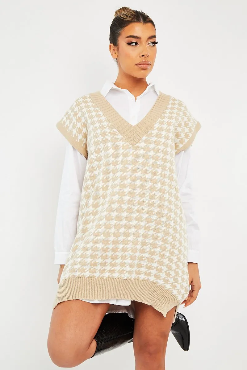 Beige Houndstooth Knit Vest - Hazel