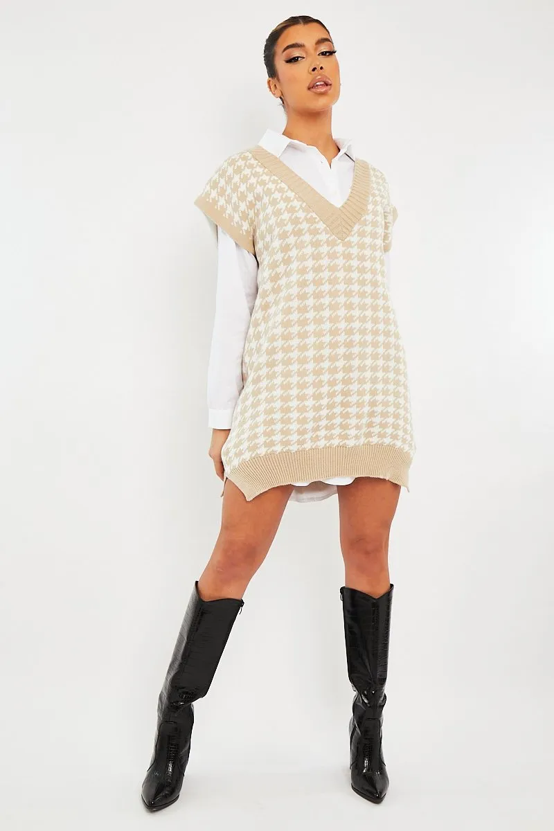 Beige Houndstooth Knit Vest - Hazel