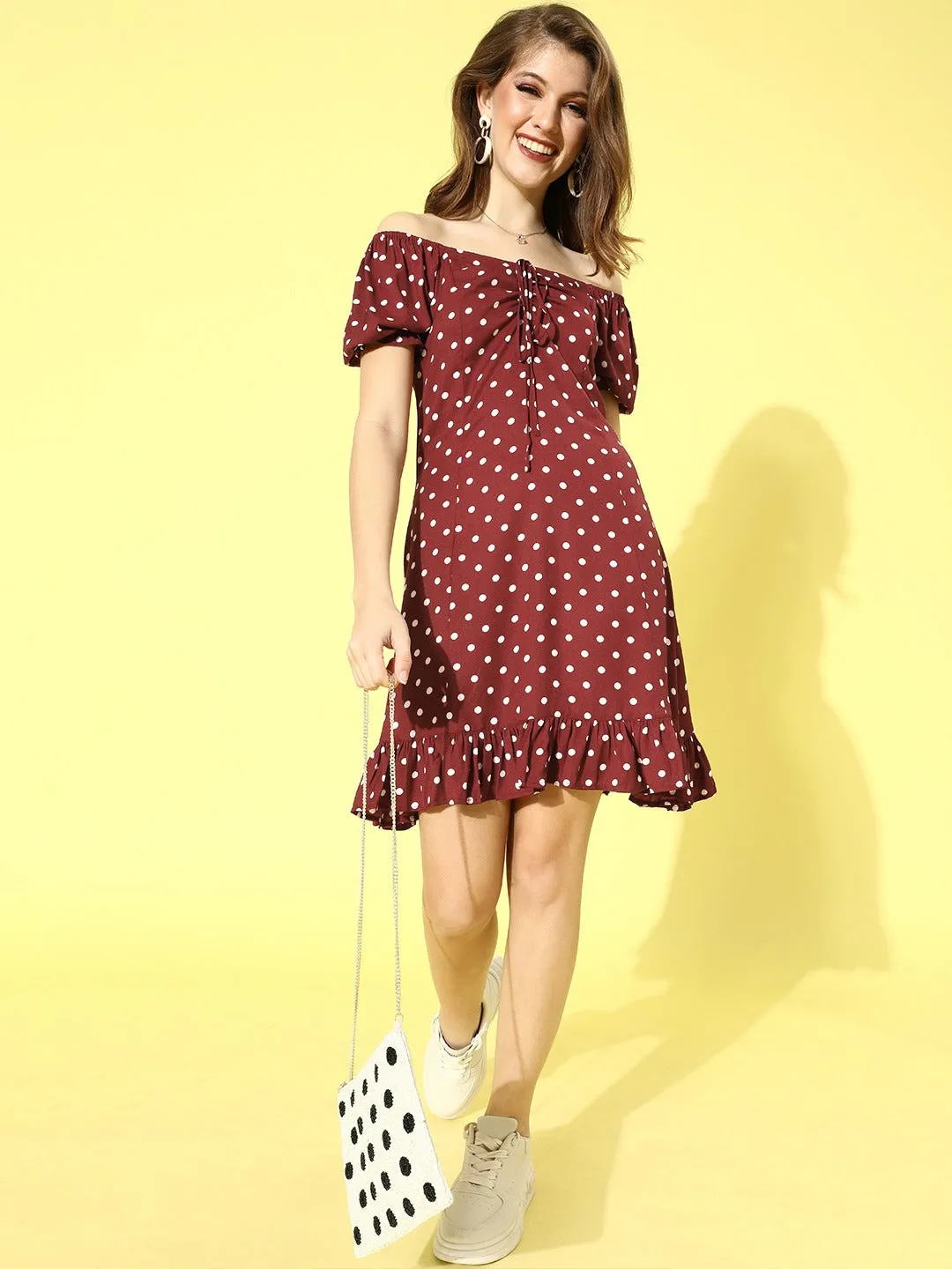 Berrylush Women Red Polka Dot Print Off-Shoulder A-Line Mini Dress