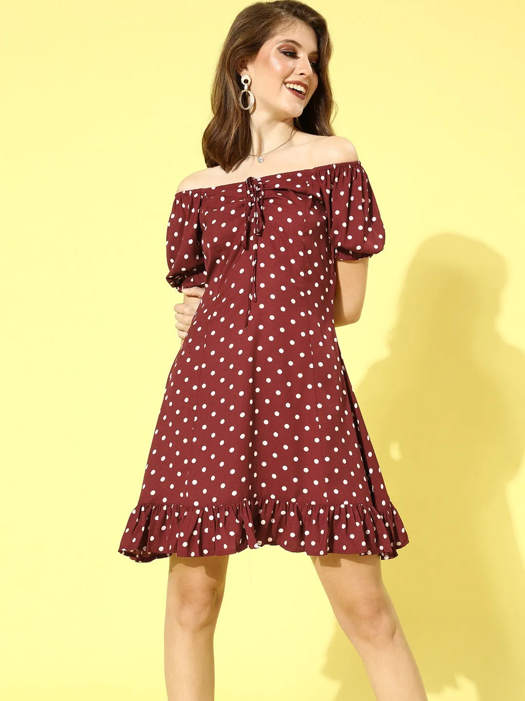 Berrylush Women Red Polka Dot Print Off-Shoulder A-Line Mini Dress