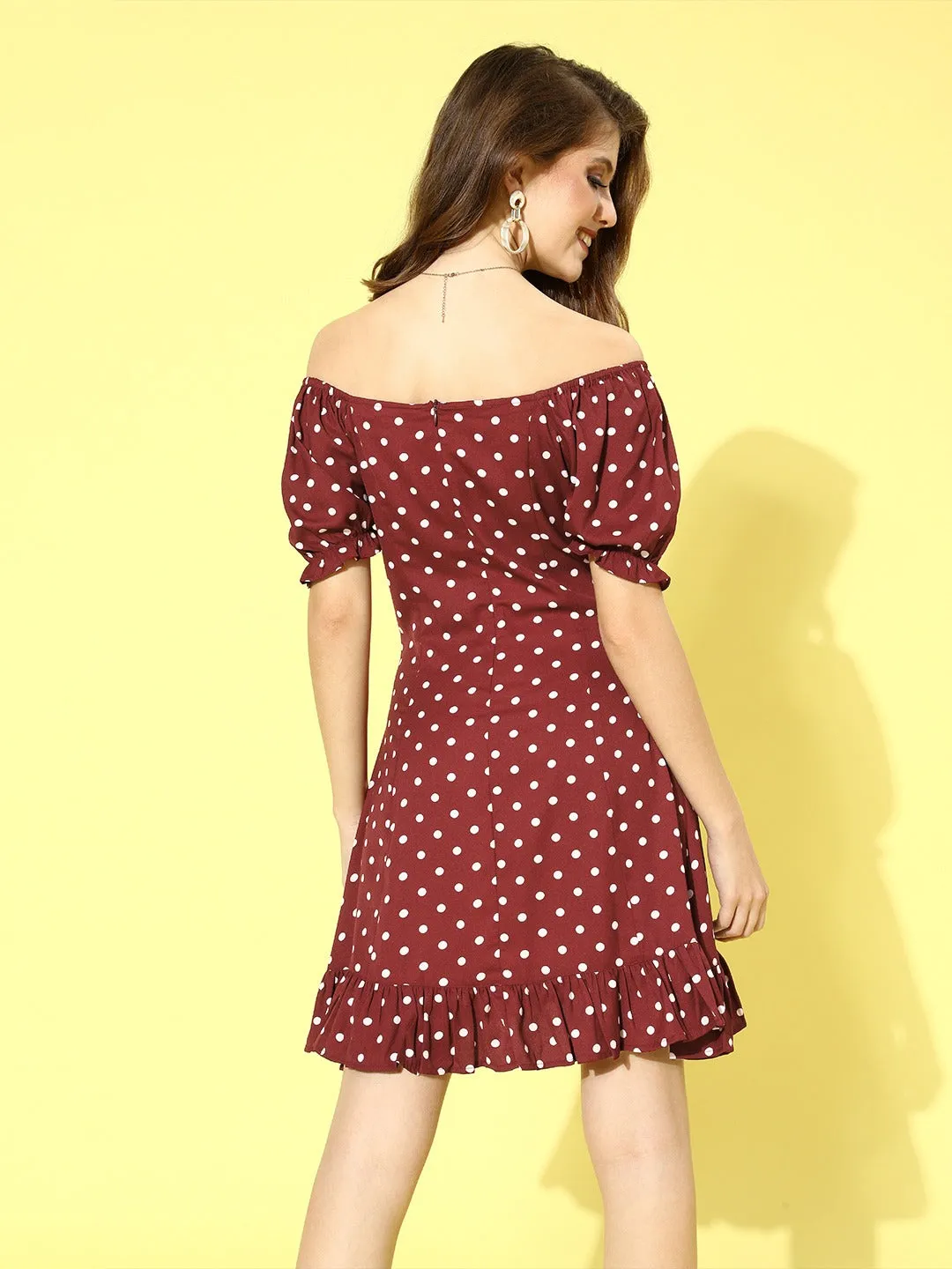 Berrylush Women Red Polka Dot Print Off-Shoulder A-Line Mini Dress