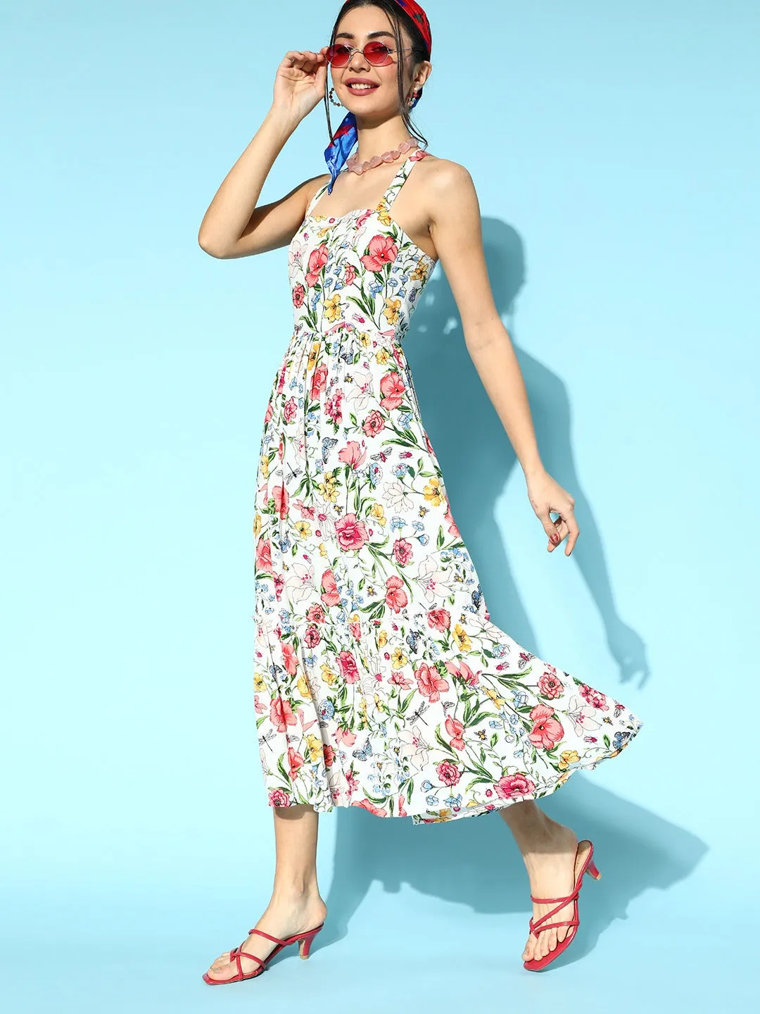 Berrylush Women White & Pink Floral Printed Square Neck Criss-Cross Back Flounce Hem Ruffled A-Line Midi Dress