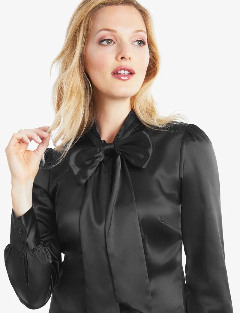 Black Fitted Satin Blouse, Pussy Bow