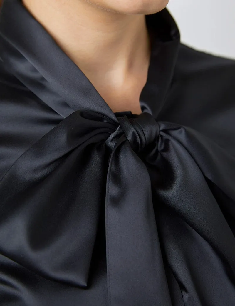 Black Fitted Satin Blouse, Pussy Bow