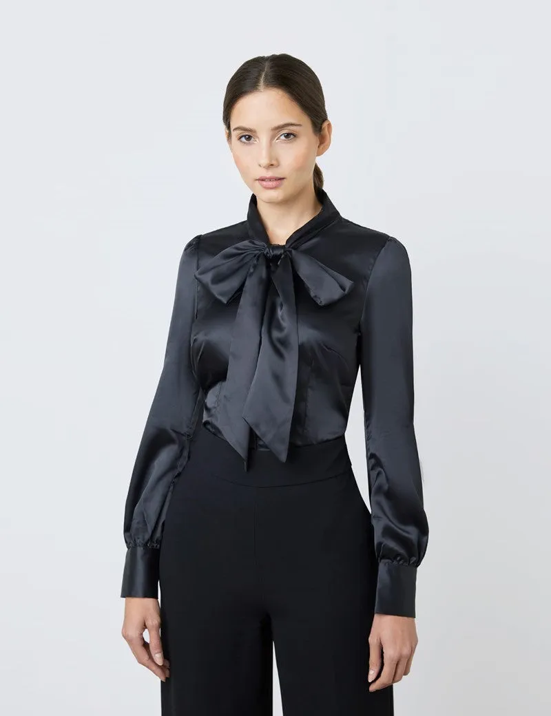 Black Fitted Satin Blouse, Pussy Bow