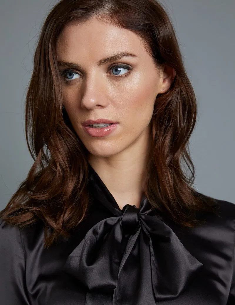 Black Fitted Satin Blouse, Pussy Bow