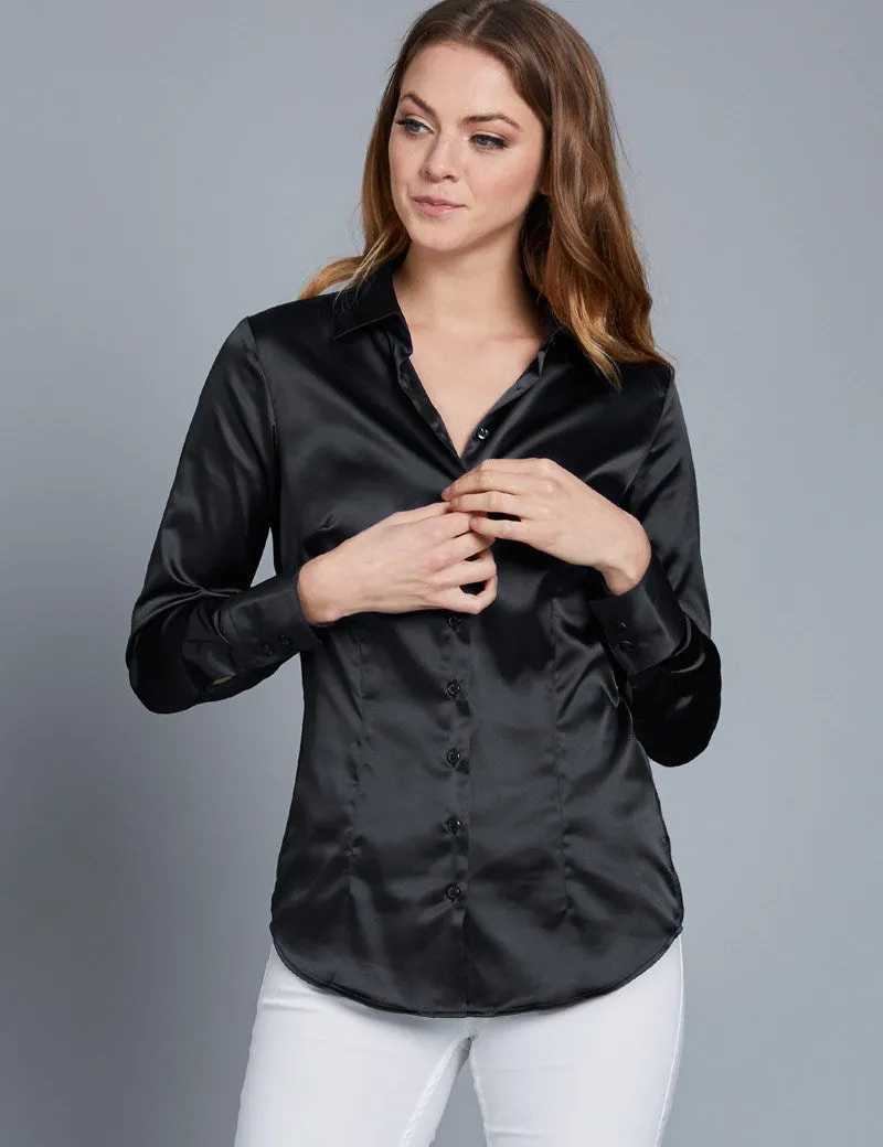 BLACK FITTED SATIN SHIRT - SINGLE CUFF