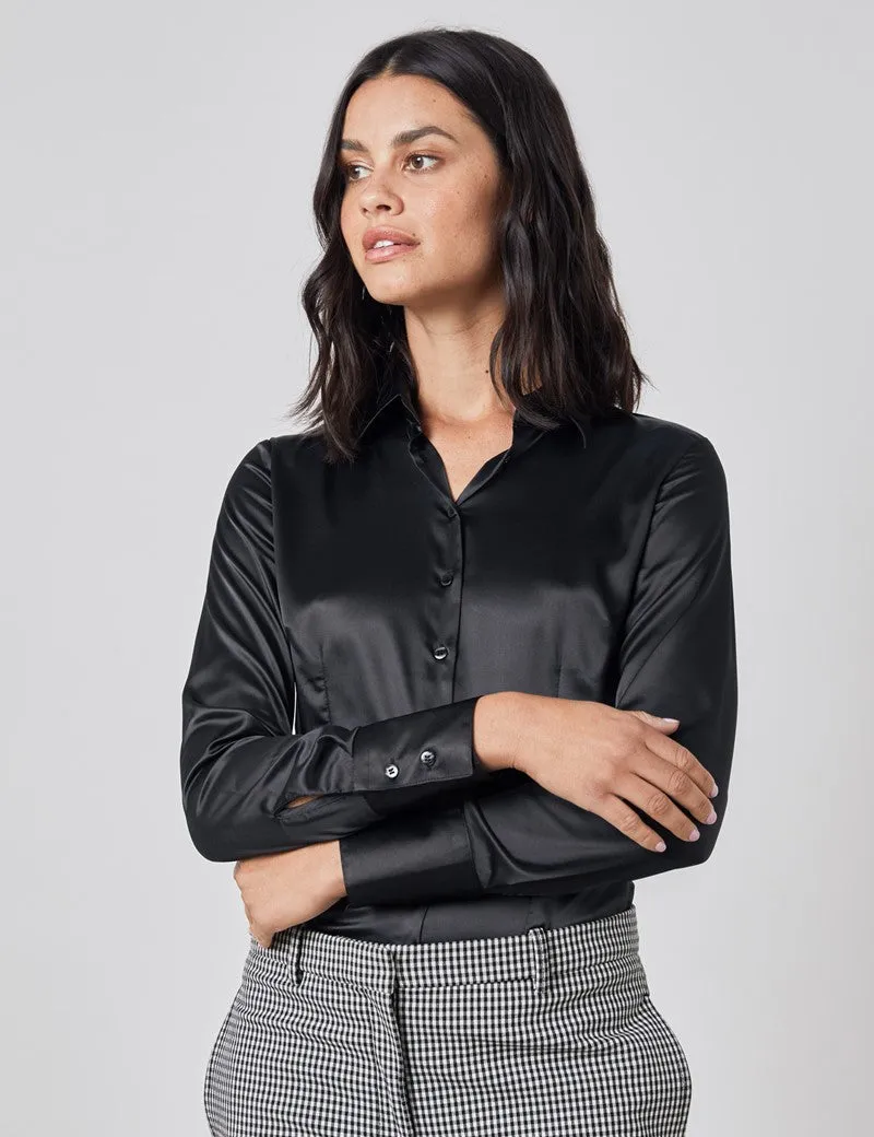 BLACK FITTED SATIN SHIRT - SINGLE CUFF