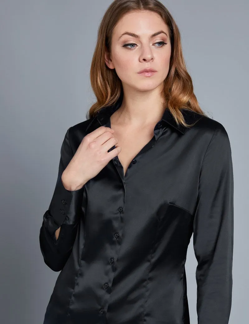 BLACK FITTED SATIN SHIRT - SINGLE CUFF