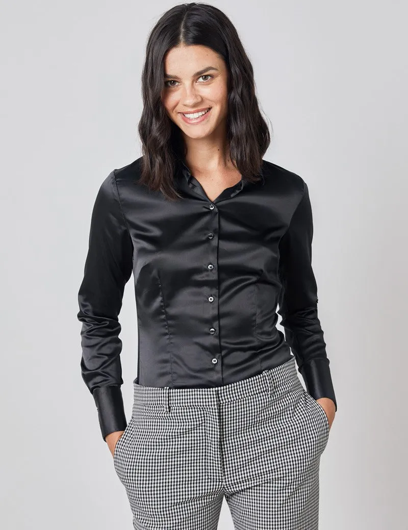 BLACK FITTED SATIN SHIRT - SINGLE CUFF