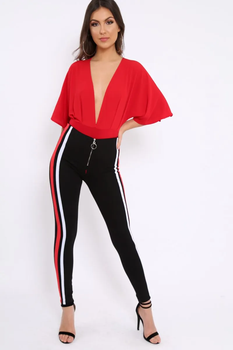 Black Stretch Leggings with Red and White Side Stripe - Myrical