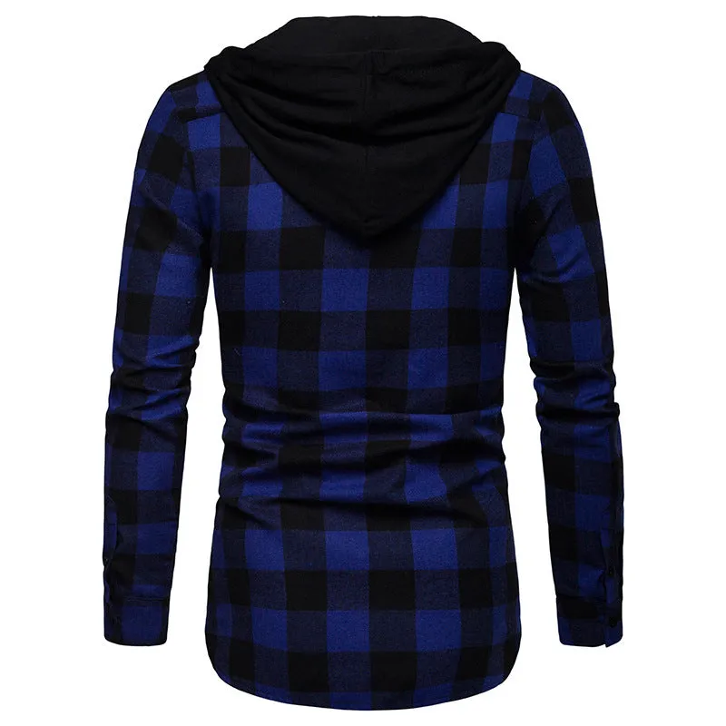 Business Spring And Autumn Plaid Casual Hooded Long Sleeve Shirt