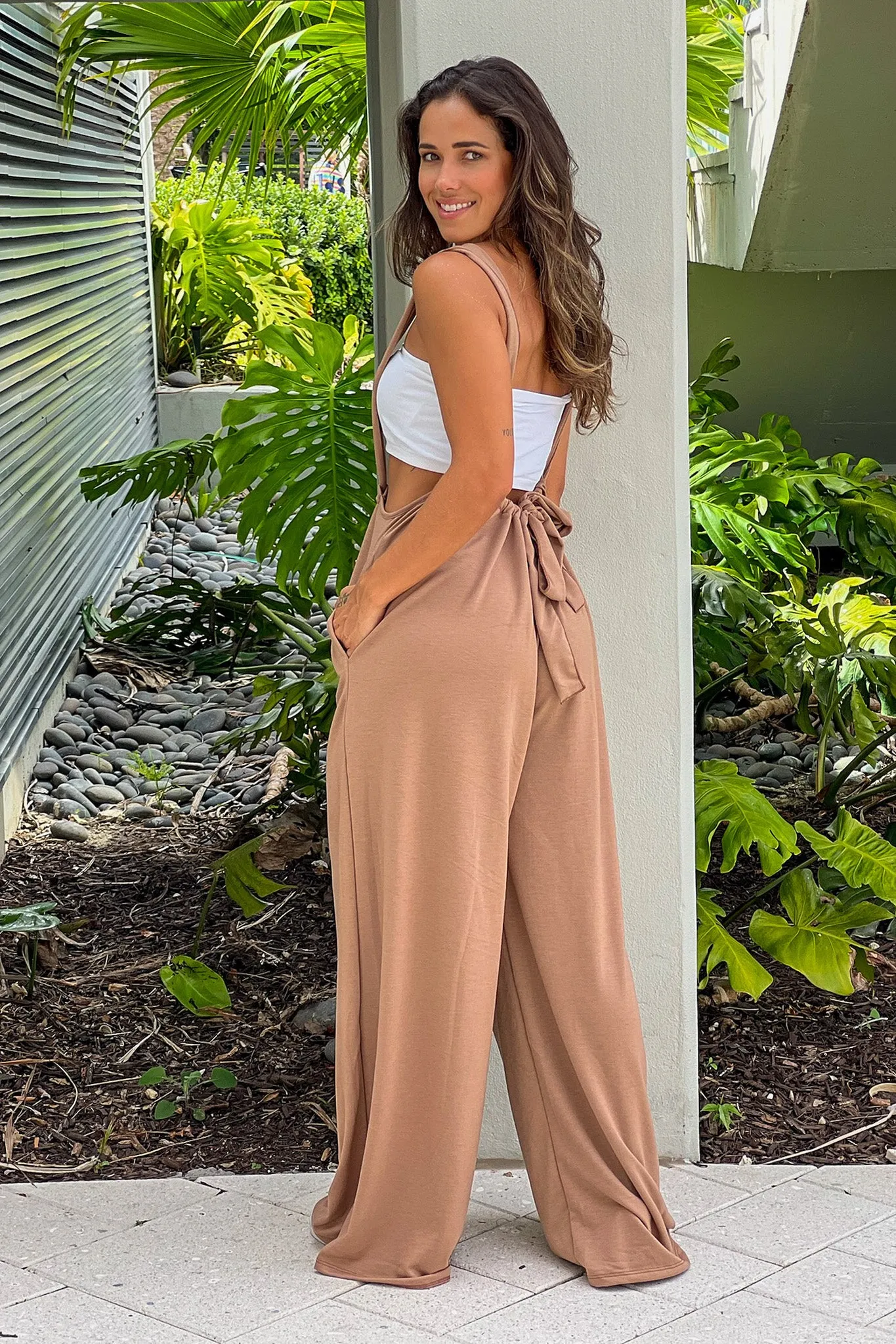 Caramel Jumpsuit With Pockets And Tie Back