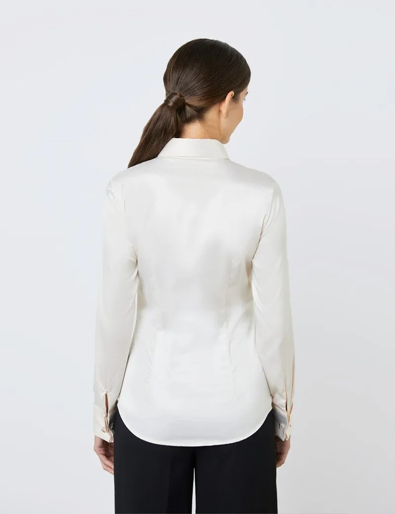 Cream Fitted Satin Shirt - Double Cuff