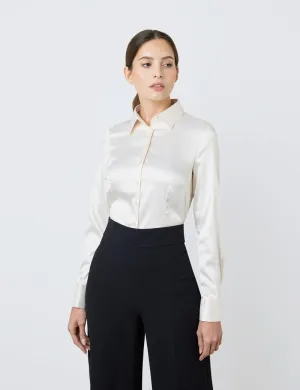 Cream Fitted Satin Shirt - Double Cuff