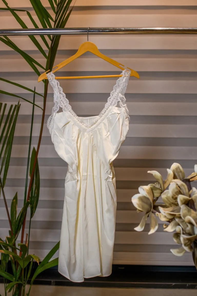 Cream - Knee-Length Night Gown with Elegant White Lace on Neck