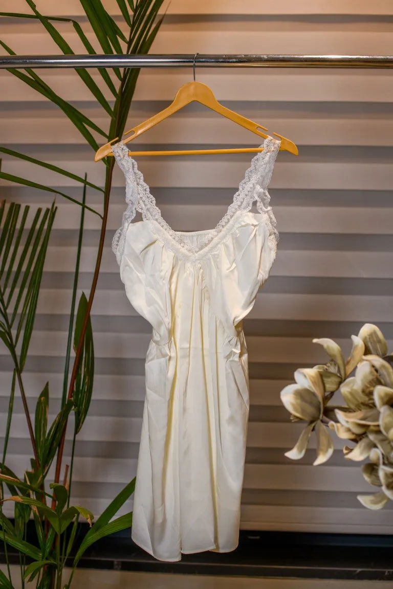 Cream - Knee-Length Night Gown with Elegant White Lace on Neck