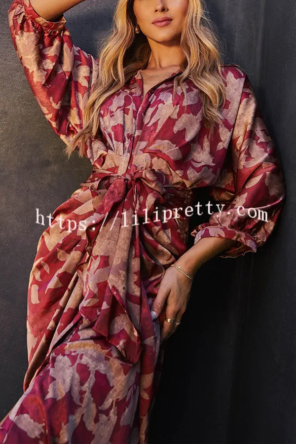 Elegant and Charming Satin Adjustable Waist Tie Button Draped Shirt Midi Dress