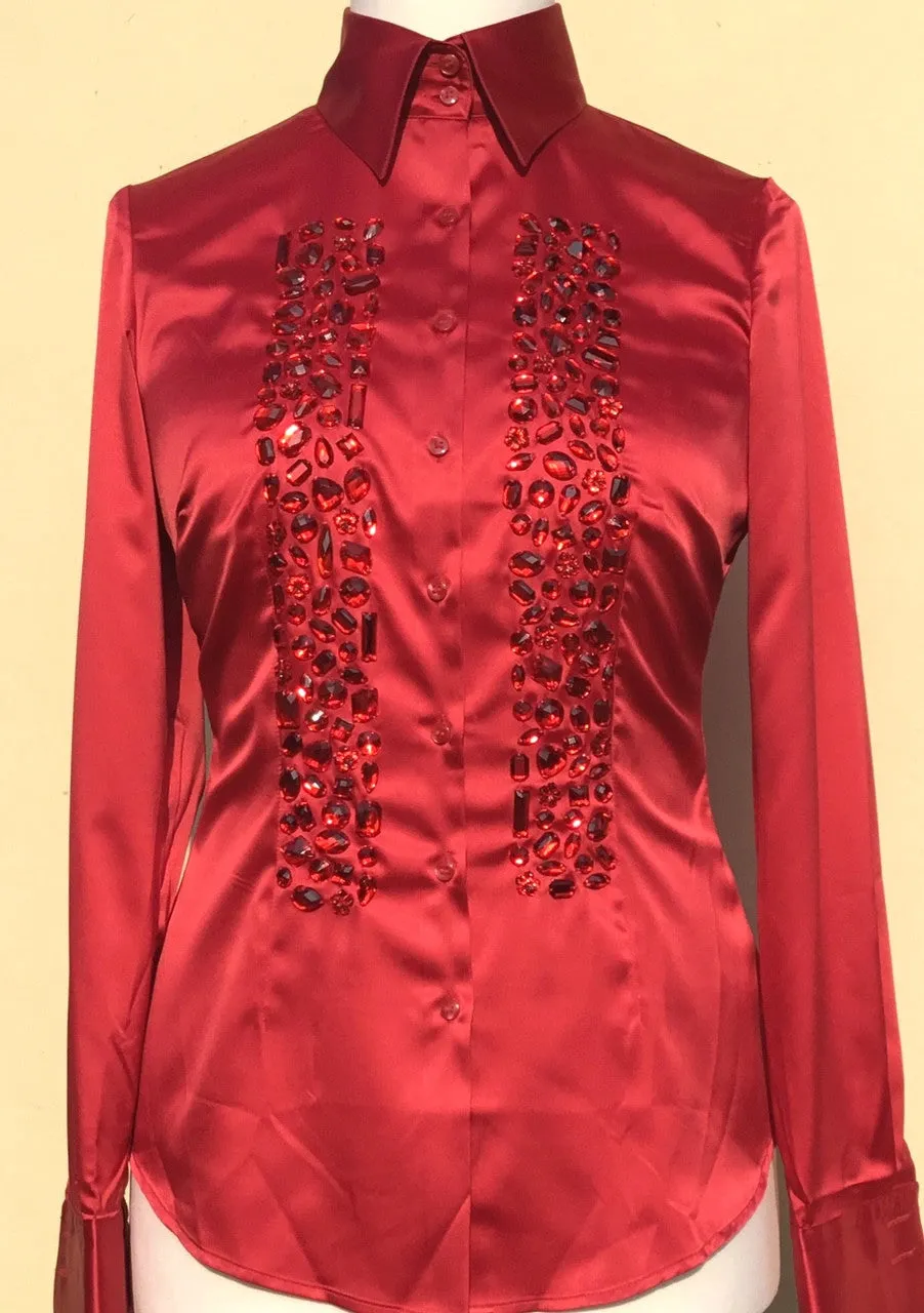 EMBROIDERED RED SATIN SHIRT - DOUBLE CUFF