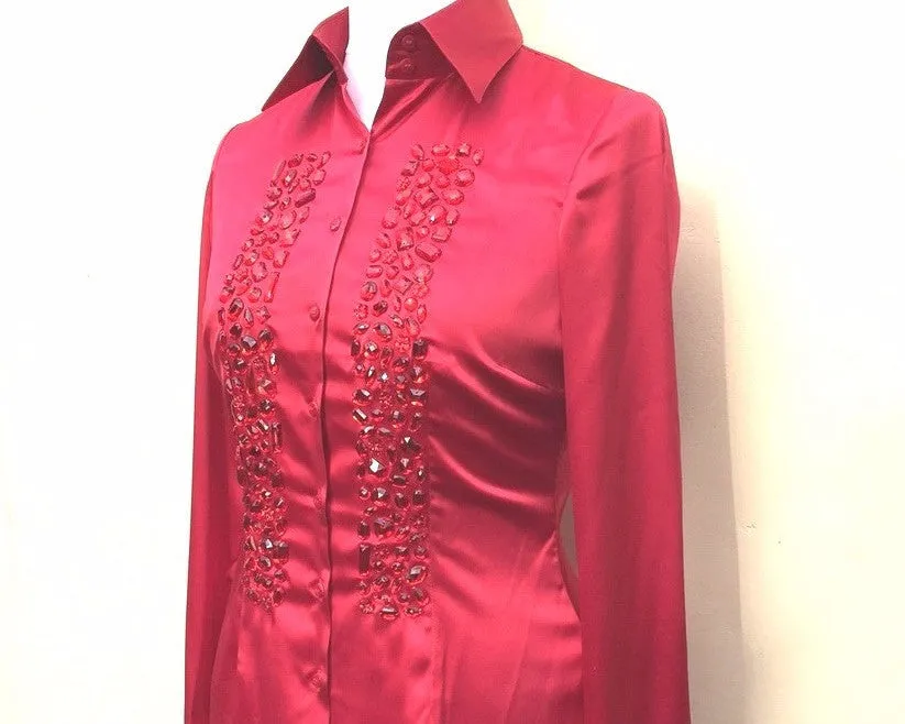 EMBROIDERED RED SATIN SHIRT - DOUBLE CUFF