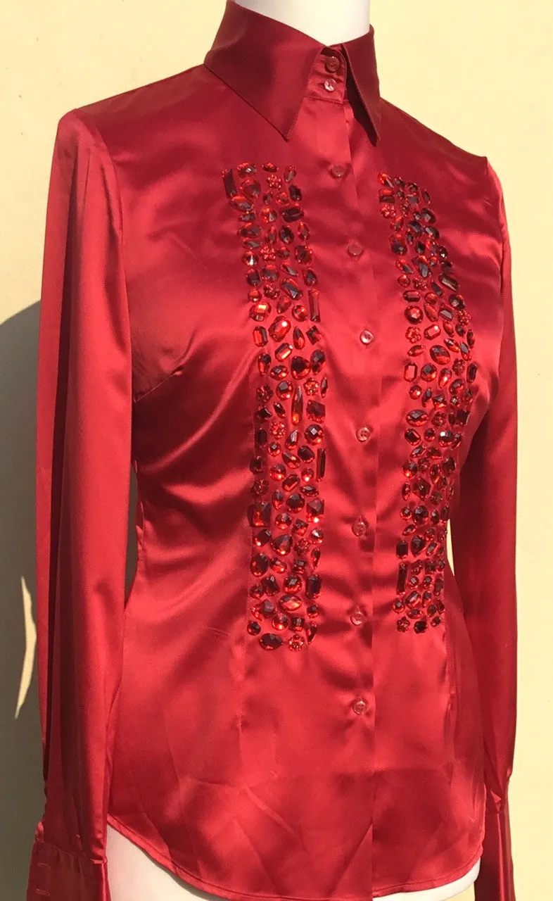 EMBROIDERED RED SATIN SHIRT - DOUBLE CUFF