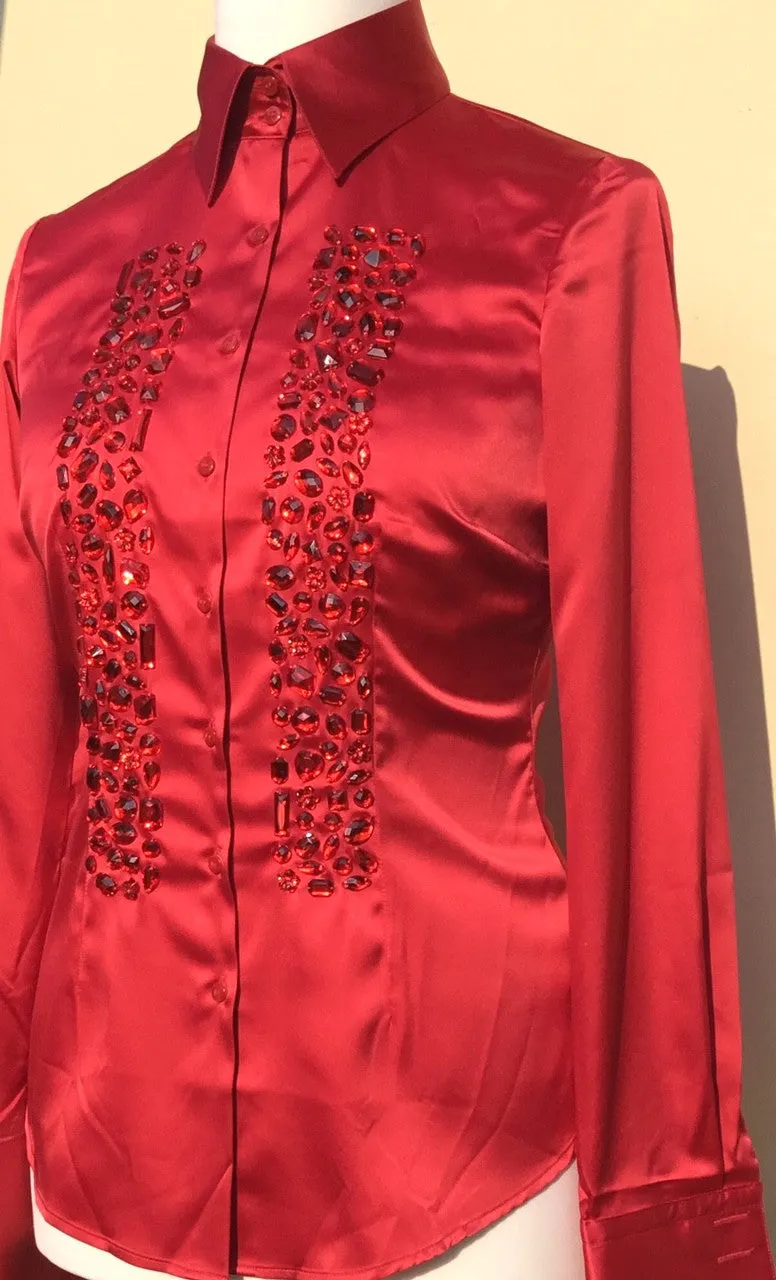 EMBROIDERED RED SATIN SHIRT - DOUBLE CUFF