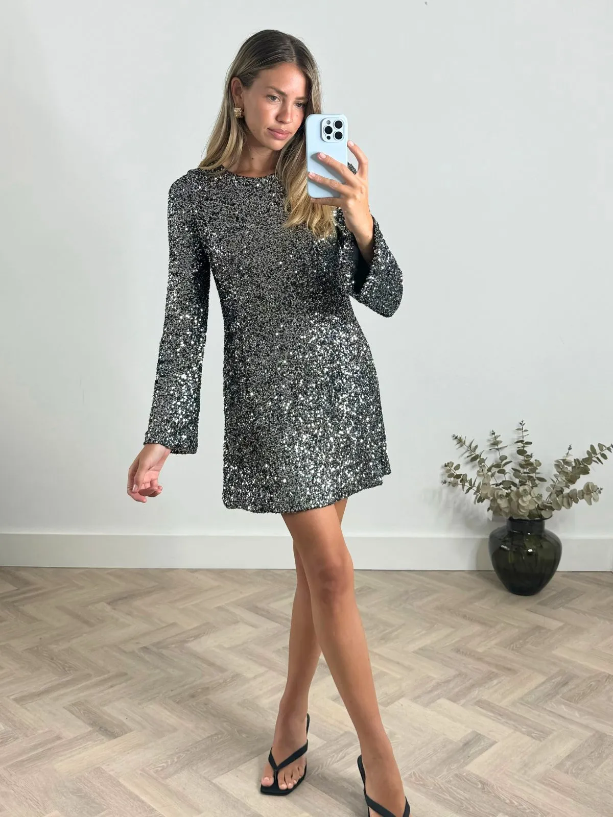 Evelyn Sequin Bow Back Mini Dress in Black