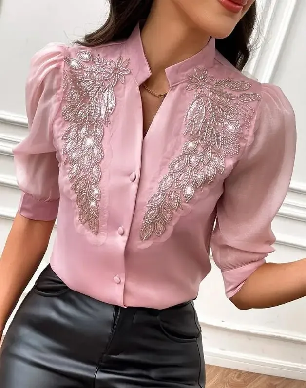 Floral Leaf Pattern Sequin Beaded Blouse