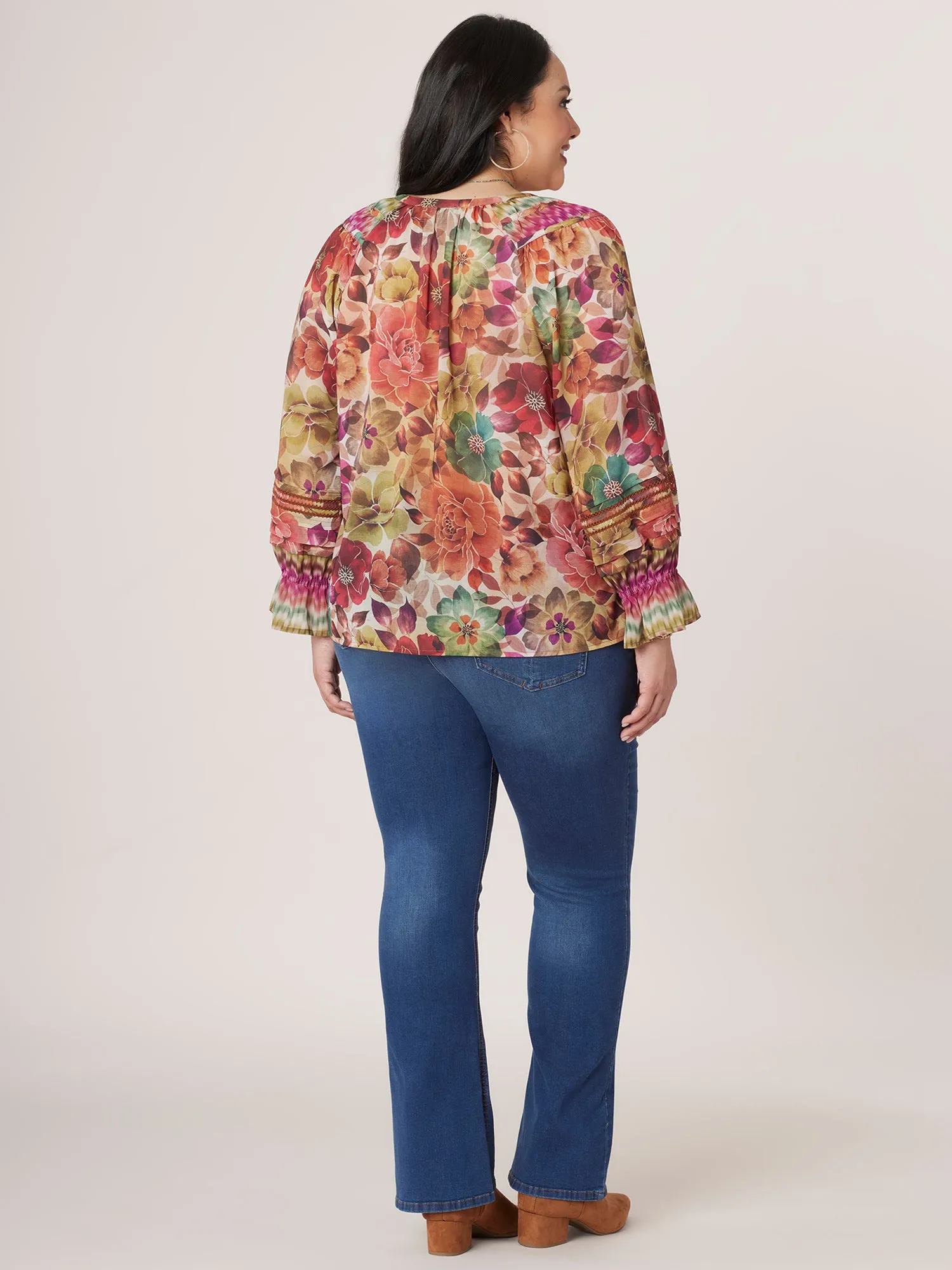 Flounce Blouson Sleeve Scoop Pintuck Neck Printed Plus Size Woven Top