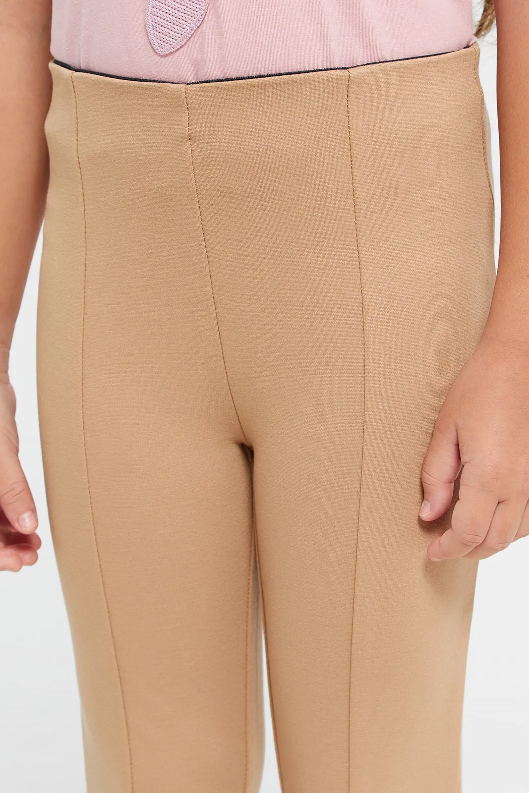 Girls Beige Paneled Leggings