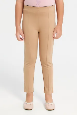 Girls Beige Paneled Leggings