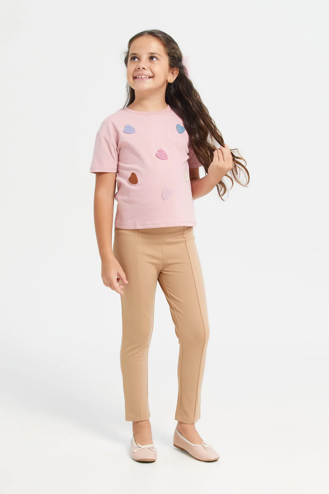 Girls Beige Paneled Leggings