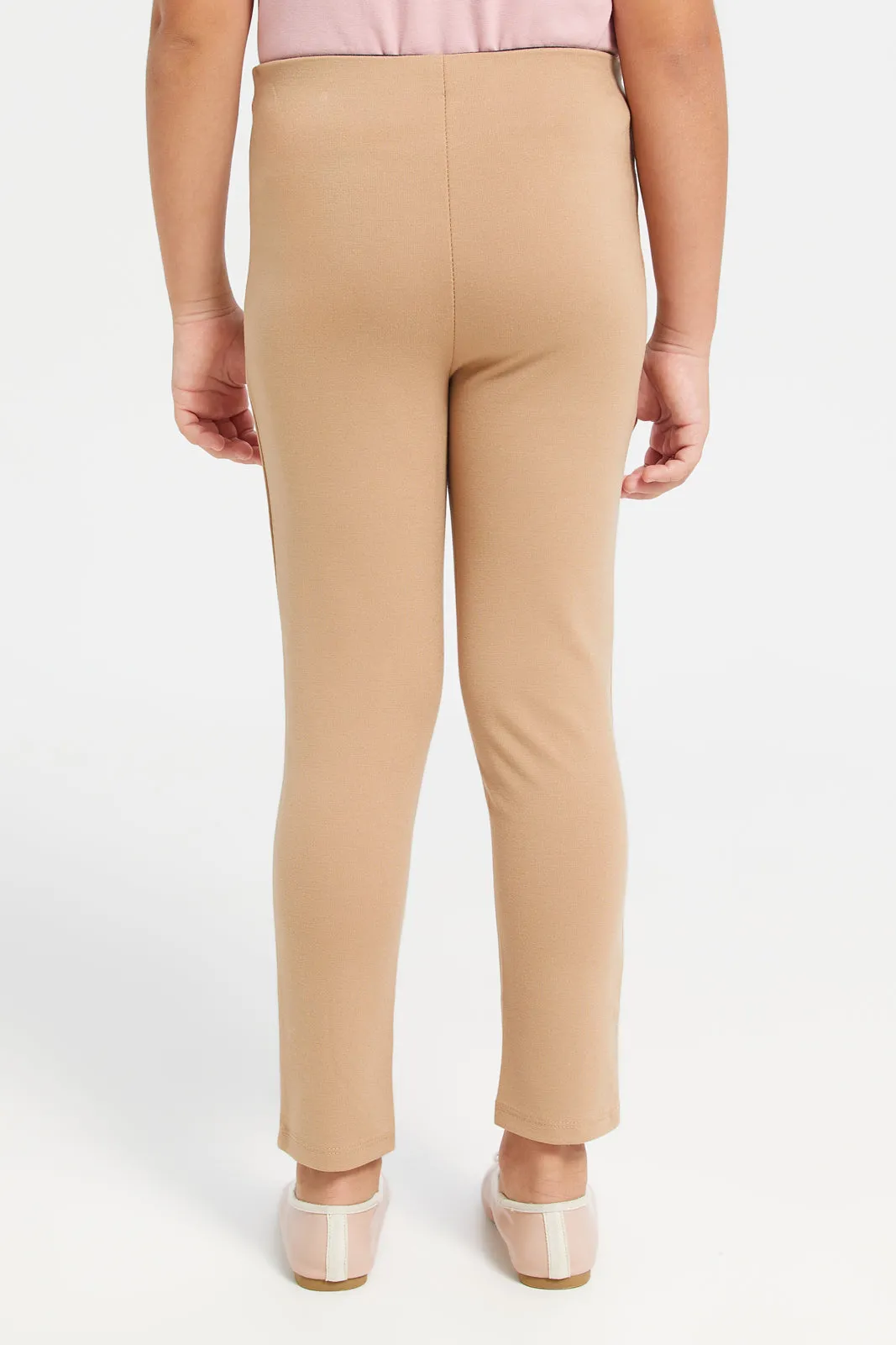 Girls Beige Paneled Leggings