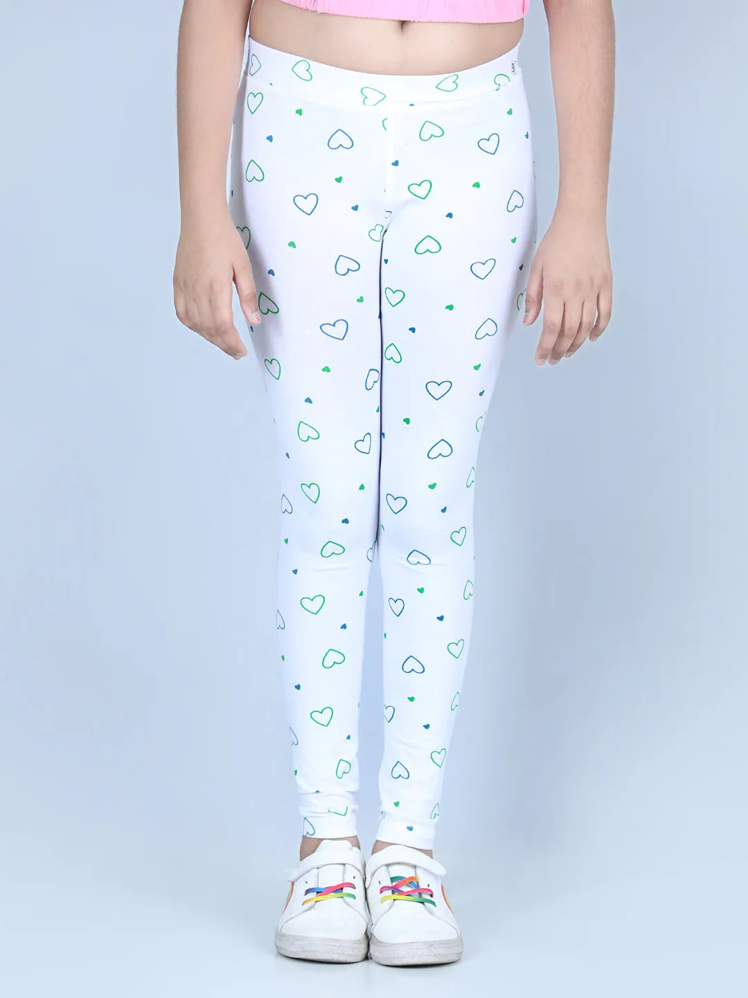 Girl's Heart Printed Leggings With Flat Waistband- White - Stylestone Kid