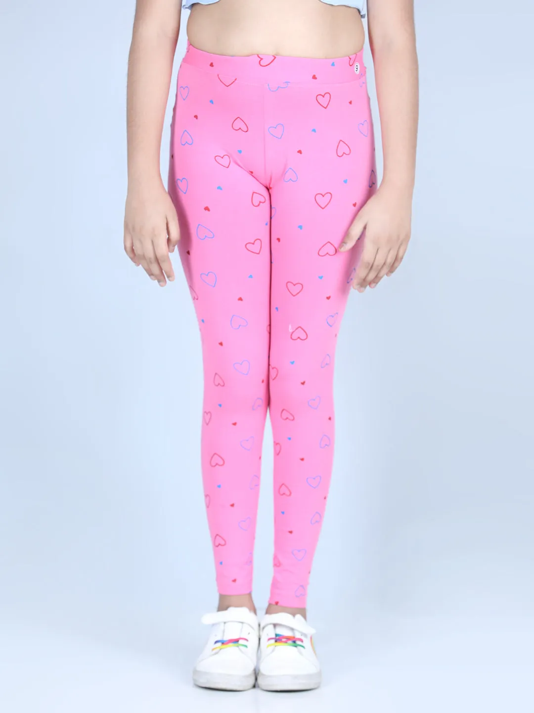 Girl's Heart Printed Leggings With Flat Waistband- White - Stylestone Kid