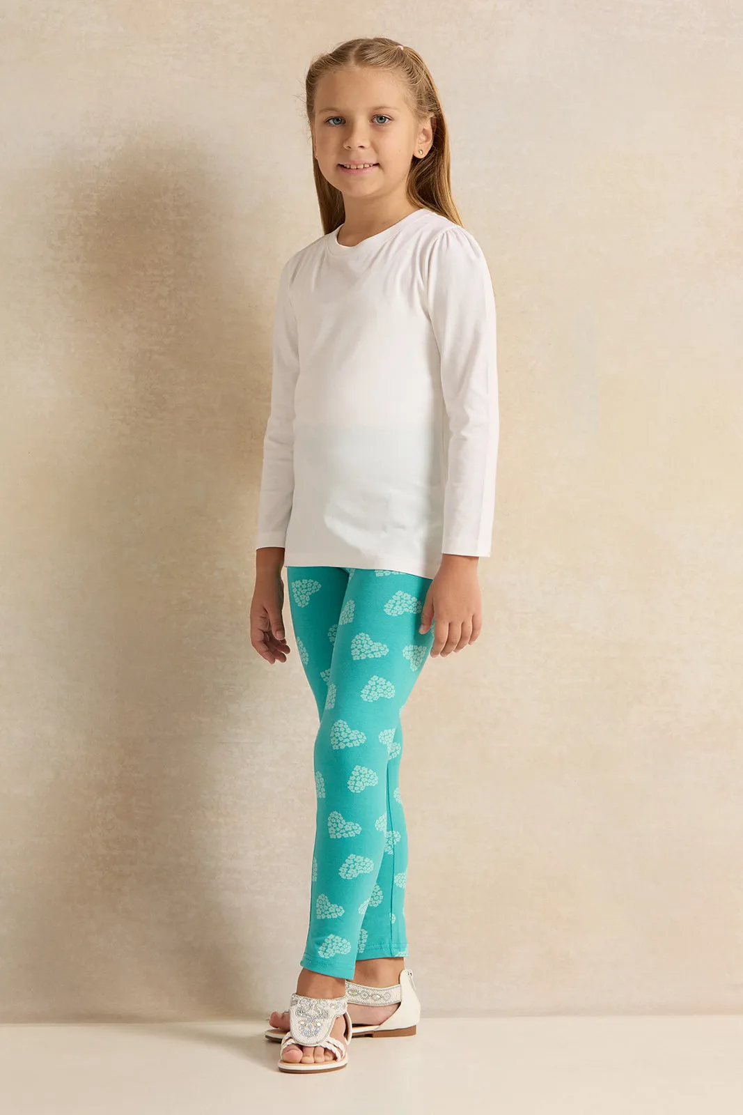 Girls Mint Heart Printed Leggings