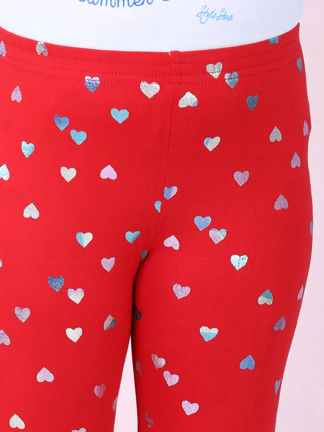 Girl's Pack Of 2 Heart Foil Print Leggings- Pink & Red - Stylestone Kid