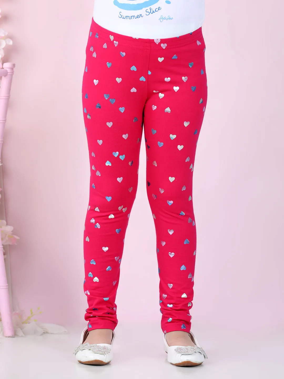 Girl's Pack Of 2 Heart Foil Print Leggings- Pink & Red - Stylestone Kid