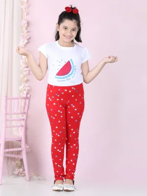 Girl's Pack Of 2 Heart Foil Print Leggings- Pink & Red - Stylestone Kid