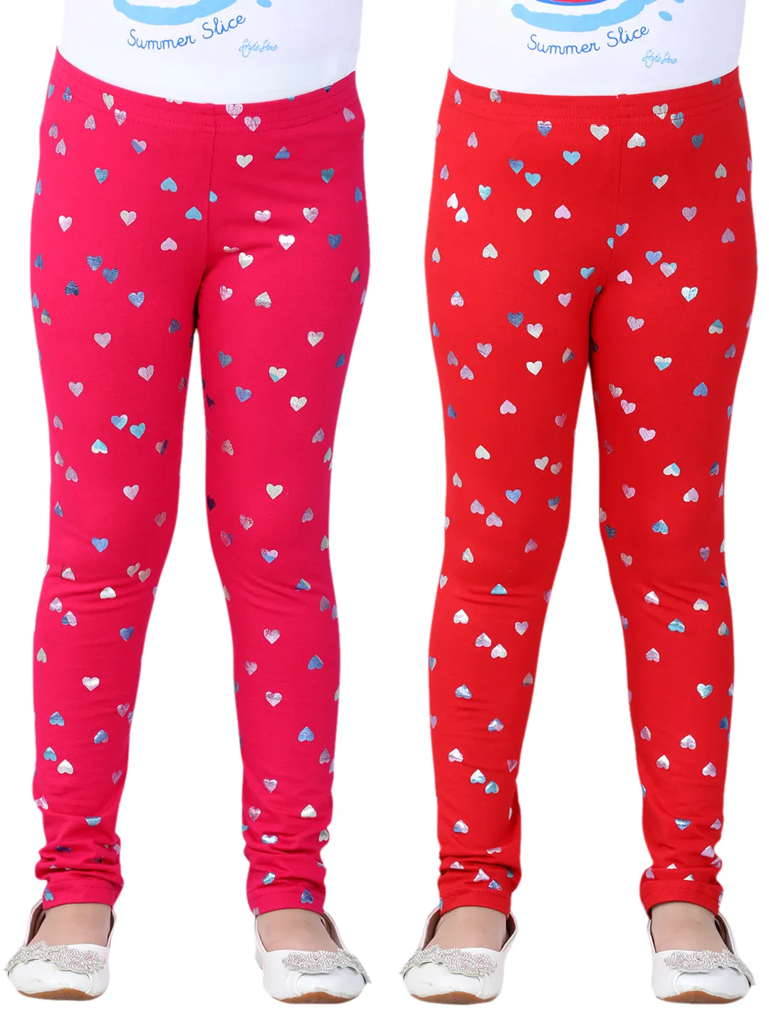 Girl's Pack Of 2 Heart Foil Print Leggings- Pink & Red - Stylestone Kid